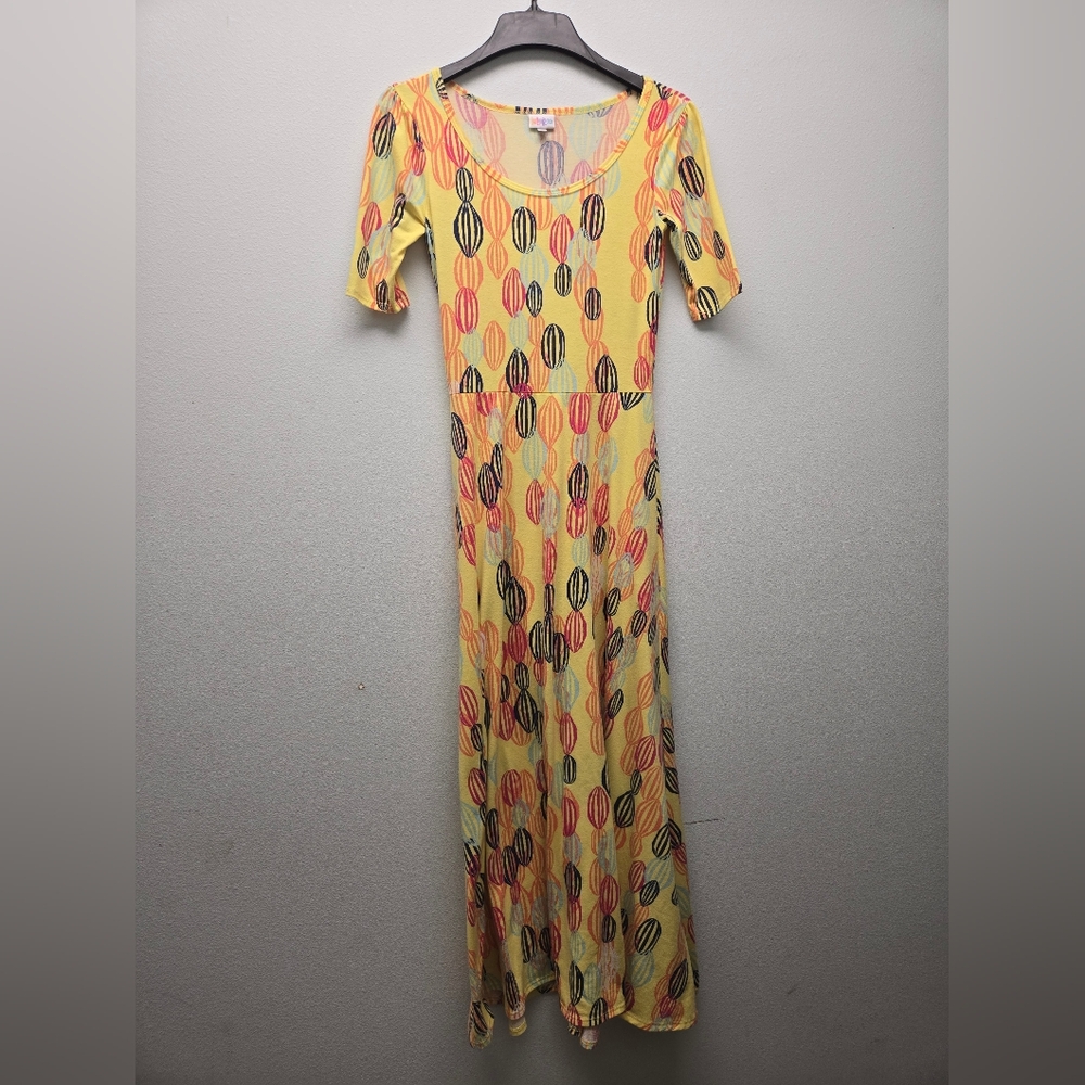 Lularoe Vintage Ana Maxi Dress Small Unicorn Print Lanterns Sunny Yellow NWOT